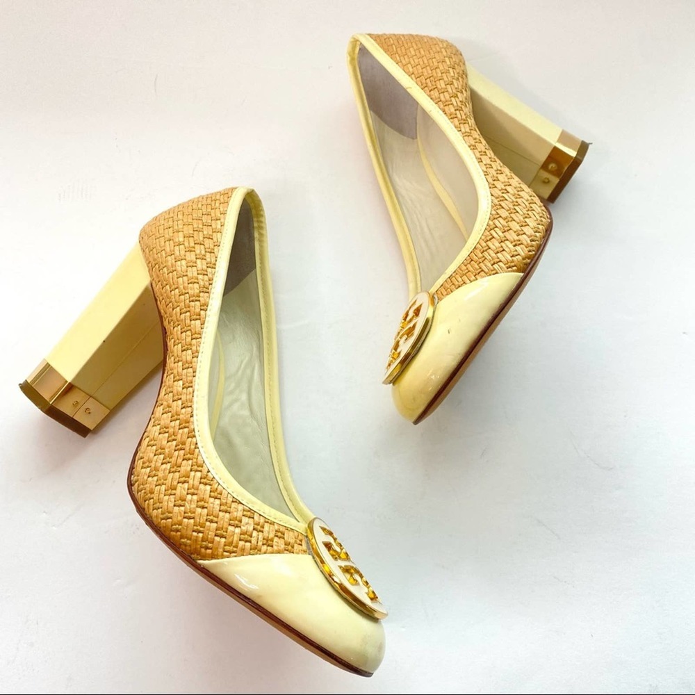 Tory Burch Anna Raffia Logo Woven Patent Leather Pumps Size 8.5 - Picture 3 of 9